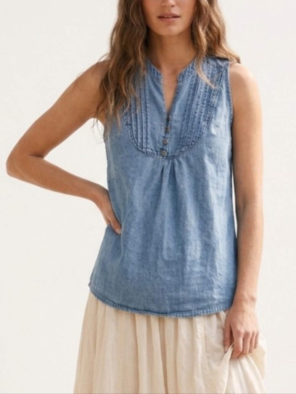 XS Y2K Light Blue Denim Pintuck Tank Sleeveless Top